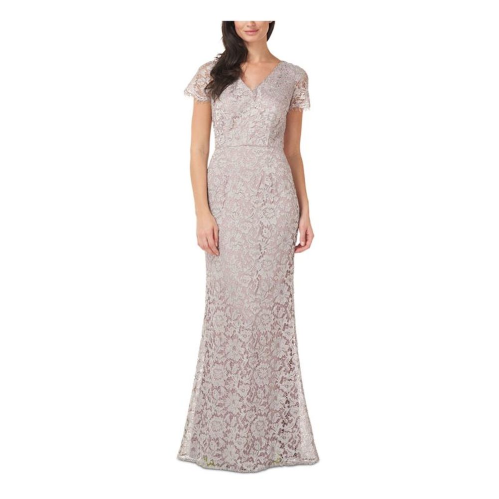 JS COLLECTION Womens Silver Short Sleeve V Neck Full-Length Formal Gown Dress 8